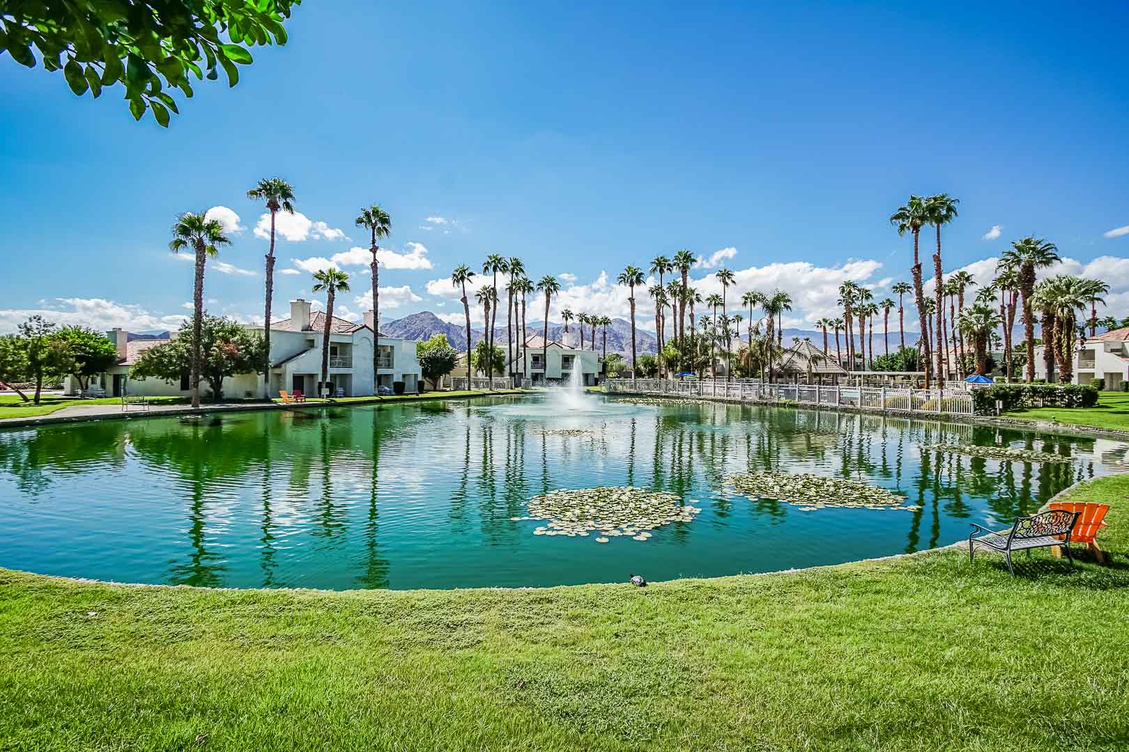 A peaceful view of the resort exterior at VRI Americas' Desert Breezes Resort in California